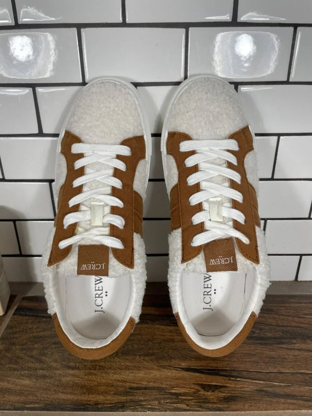 J. Crew Factory Striped Sherpa Road Trip Shoes Womens 7.5 White Brown Sneakers